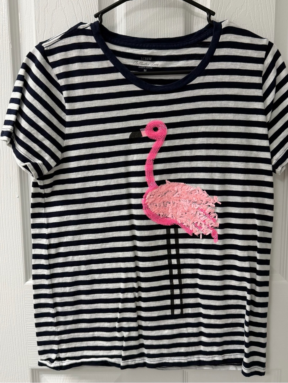 J.Crew Collection Navy Stripe Sequin Flamingo T-Shirt Top Size M